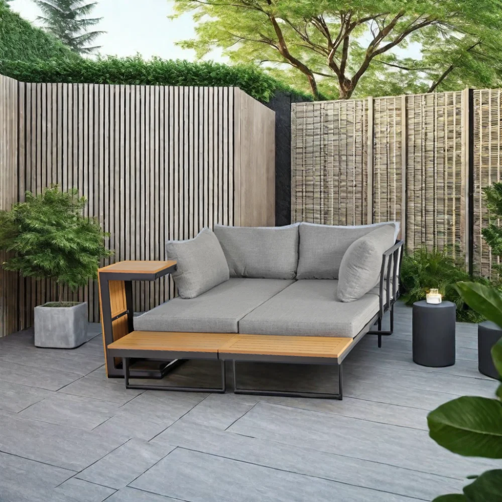 Modern Outdoor L-Shape Sectional Sofa Wood Design Balcony Courtyard Patio Lounge Chairs Functional Luxury Garden Furniture