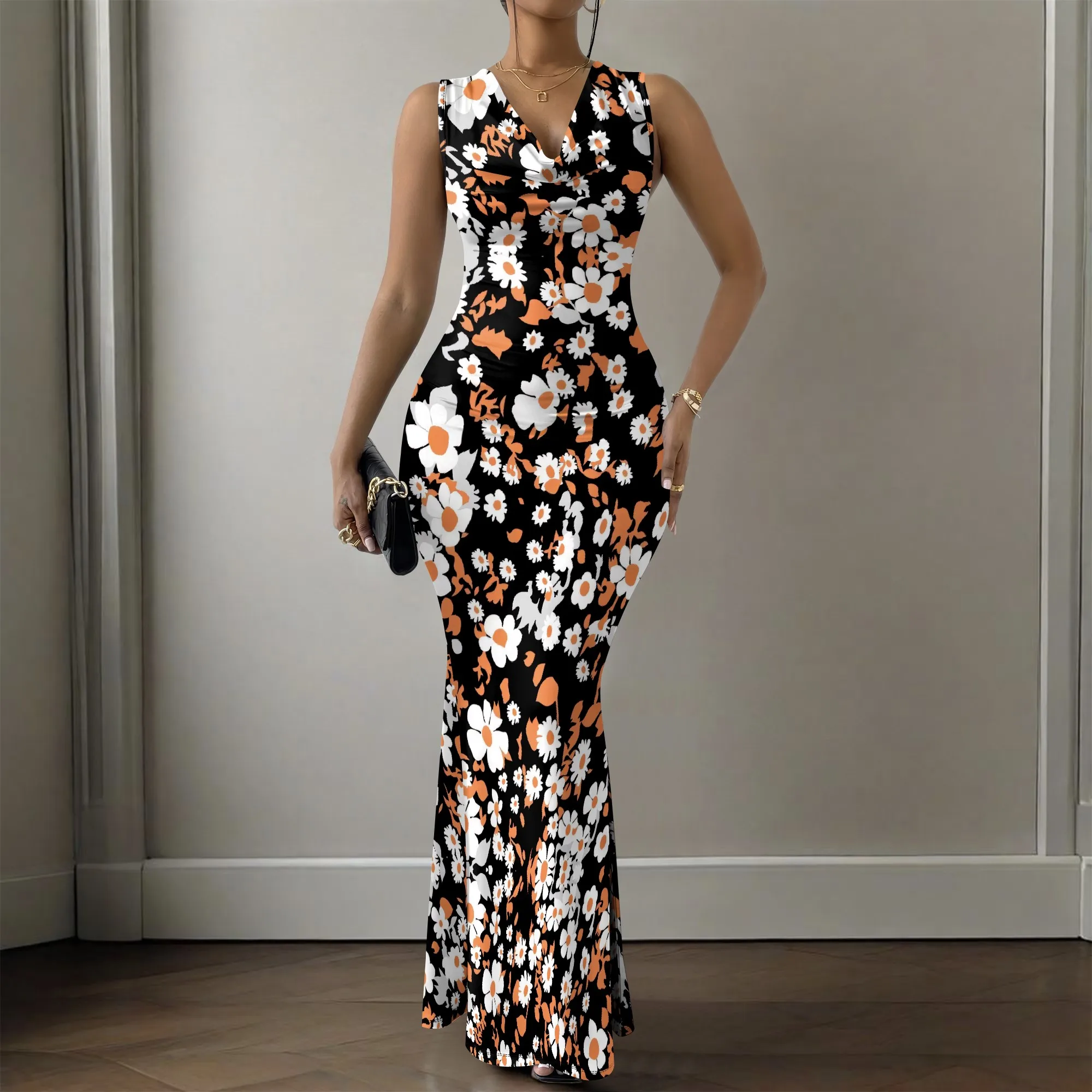 Vestido maxi feminino sem mangas com decote em V preto branco laranja margarida estampa floral elegante vestido bodycon