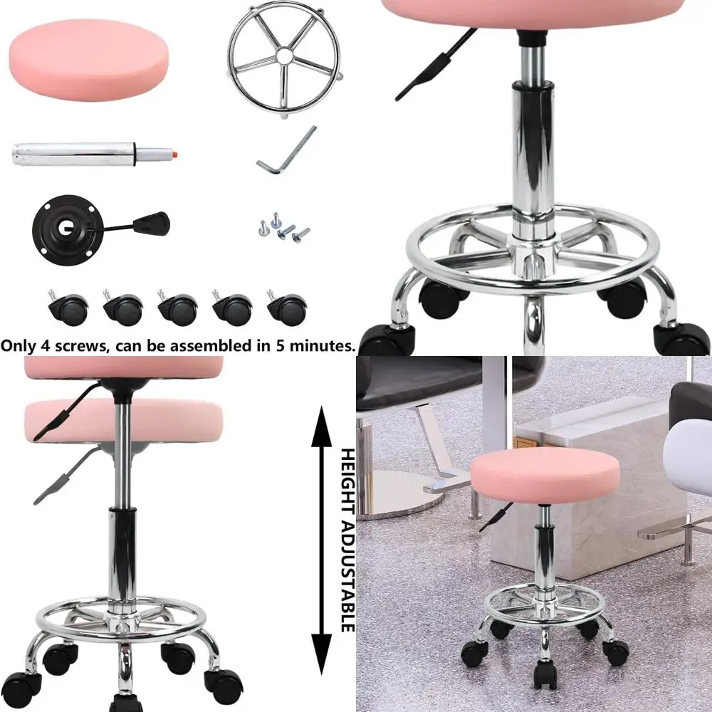 

Розовый поворотный табурет на колесиках с регулировкой высоты, подставкой для ног и круглым сиденьем из искусственной кожи для спа, салона, татуировки, офиса и массажа.