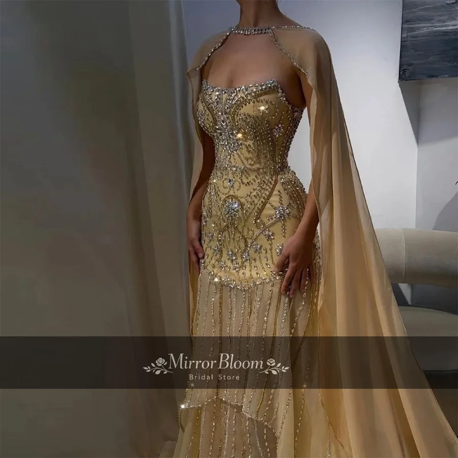 

Champagne Strapless Mermaid Evening Dress Women Beaded Cape Sleeve Formal Prom Gown Luxury Lace Wedding Guest Dresses Customized