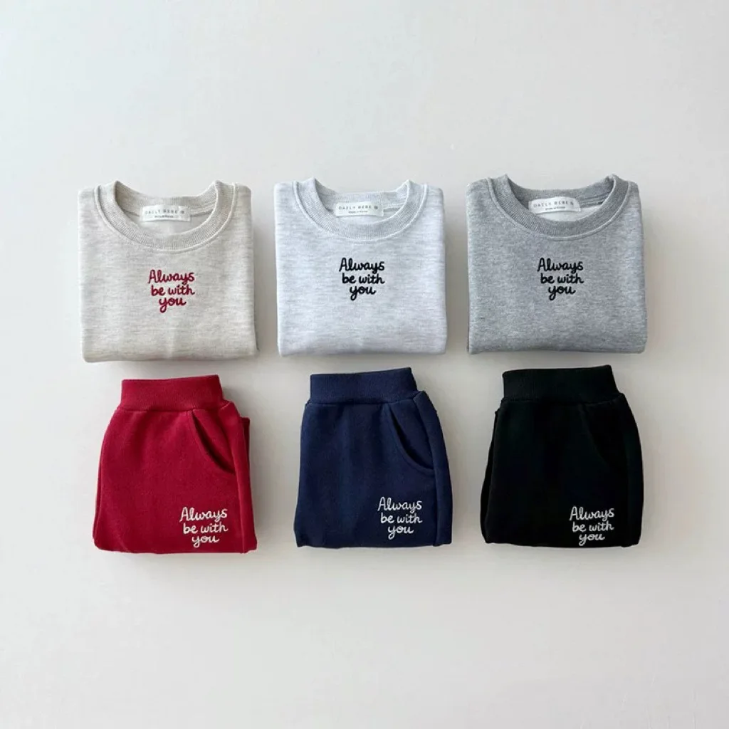 Korean Version Ins Letter Embroidery Round Neck Sweatshirt Color Blocked Solid Color Long Sleeved Two-piece Set for Men Women