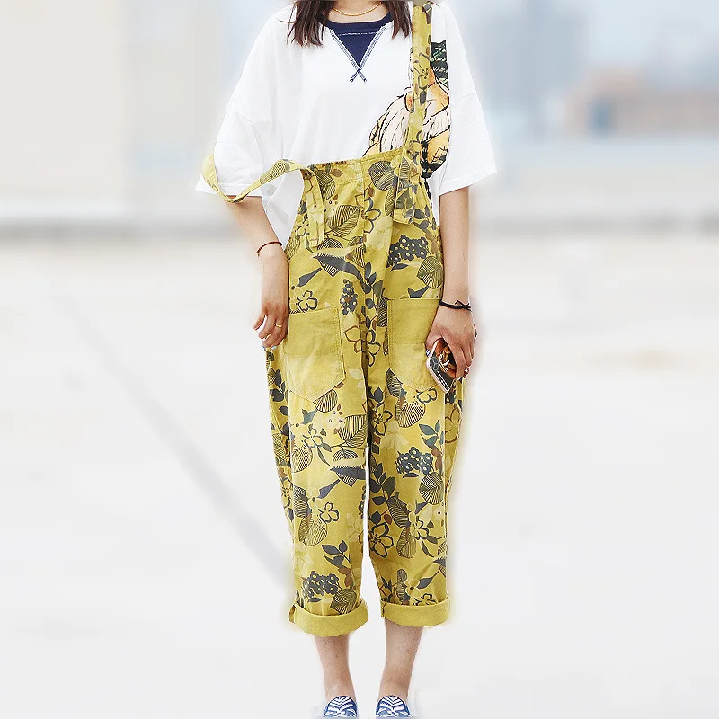 

2024 Spring Autumn Printed Denim Jumpsuit Women Loose Large Casual Cropped Wide Leg Pants With Suspender LX1561