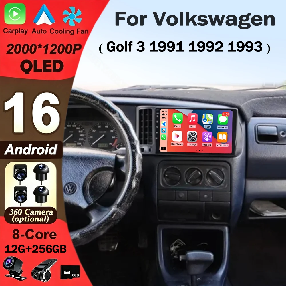 Android 16 For VW Volkswagen Golf 3 1991 1992 1993 Car Radio Carplay Auto Multimedia Stereo Video Player GPS Navigatio WIFI 4G