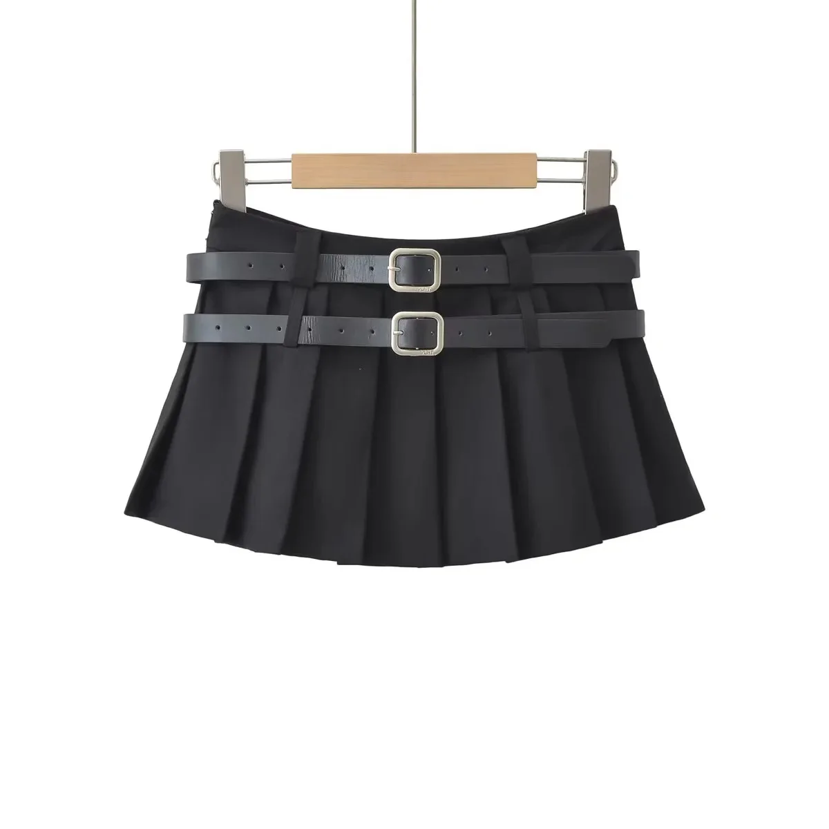 Women's High Waisted Double Belt Pleated Mini Skirt - Solid Color A-Line Short Skirt for Y2K Streetwear & Casual Party