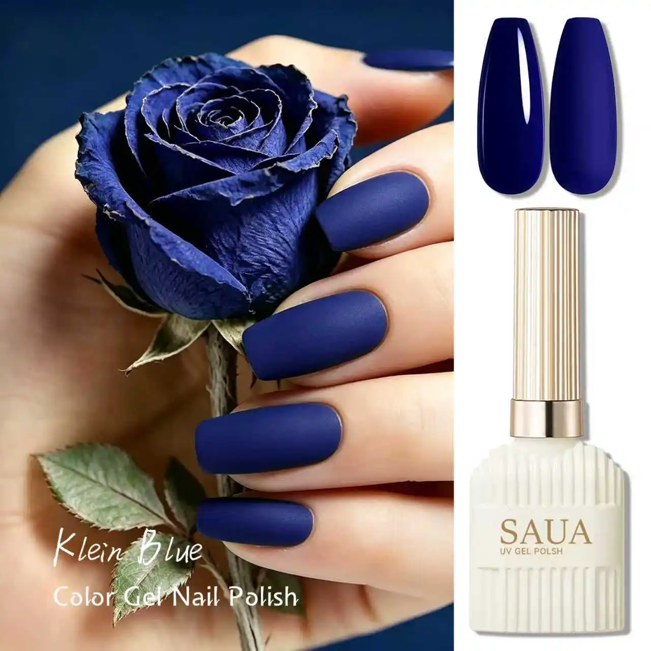 Blue gel polish featuring high saturation and a highly pigmented formula; the bright blue shade enhances skin tone. uv gel nail
