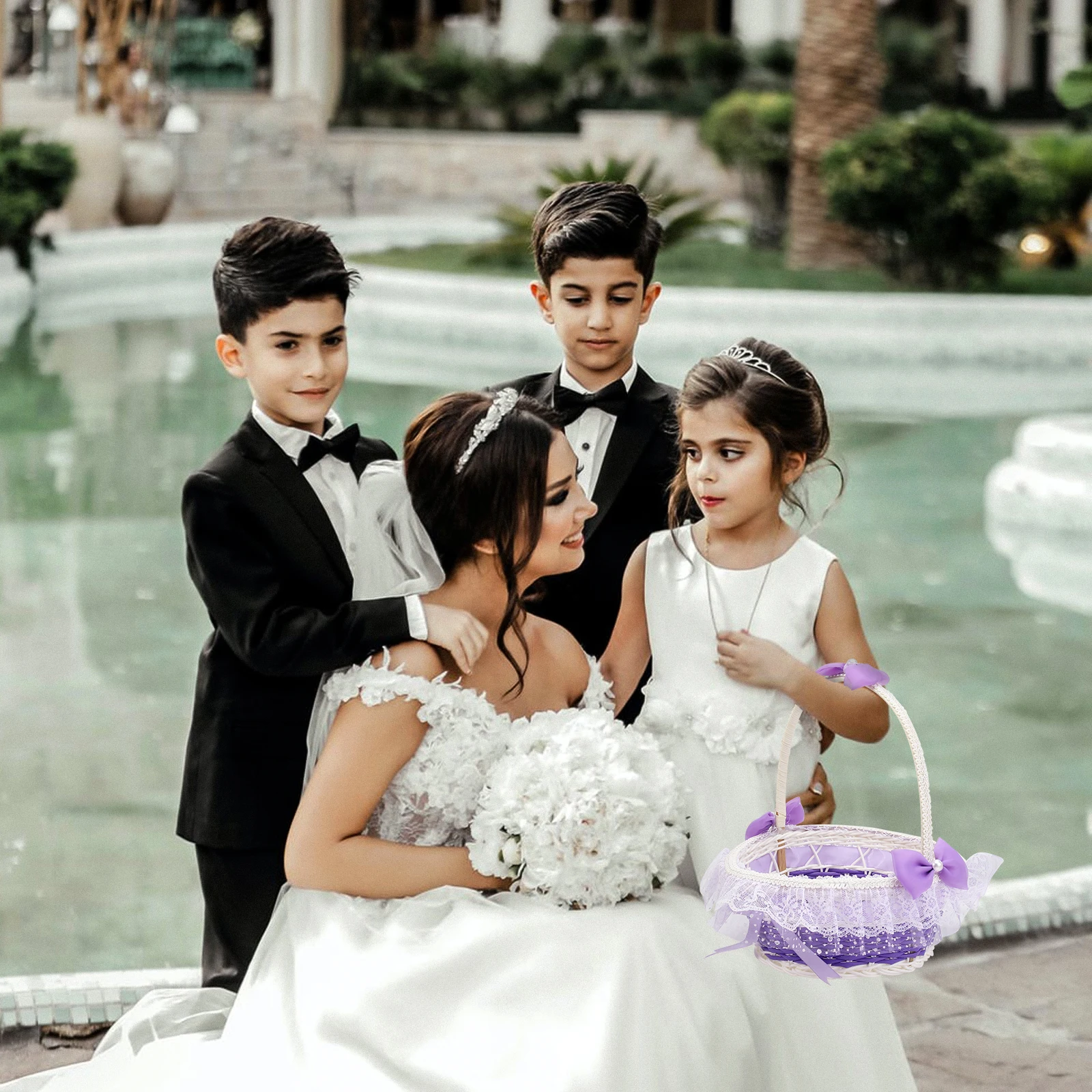 

1pc Purple Round Wedding Flower Basket 22x23cm Handmade Woven Rose Petal Baskets for Bridal Elegant Reusable