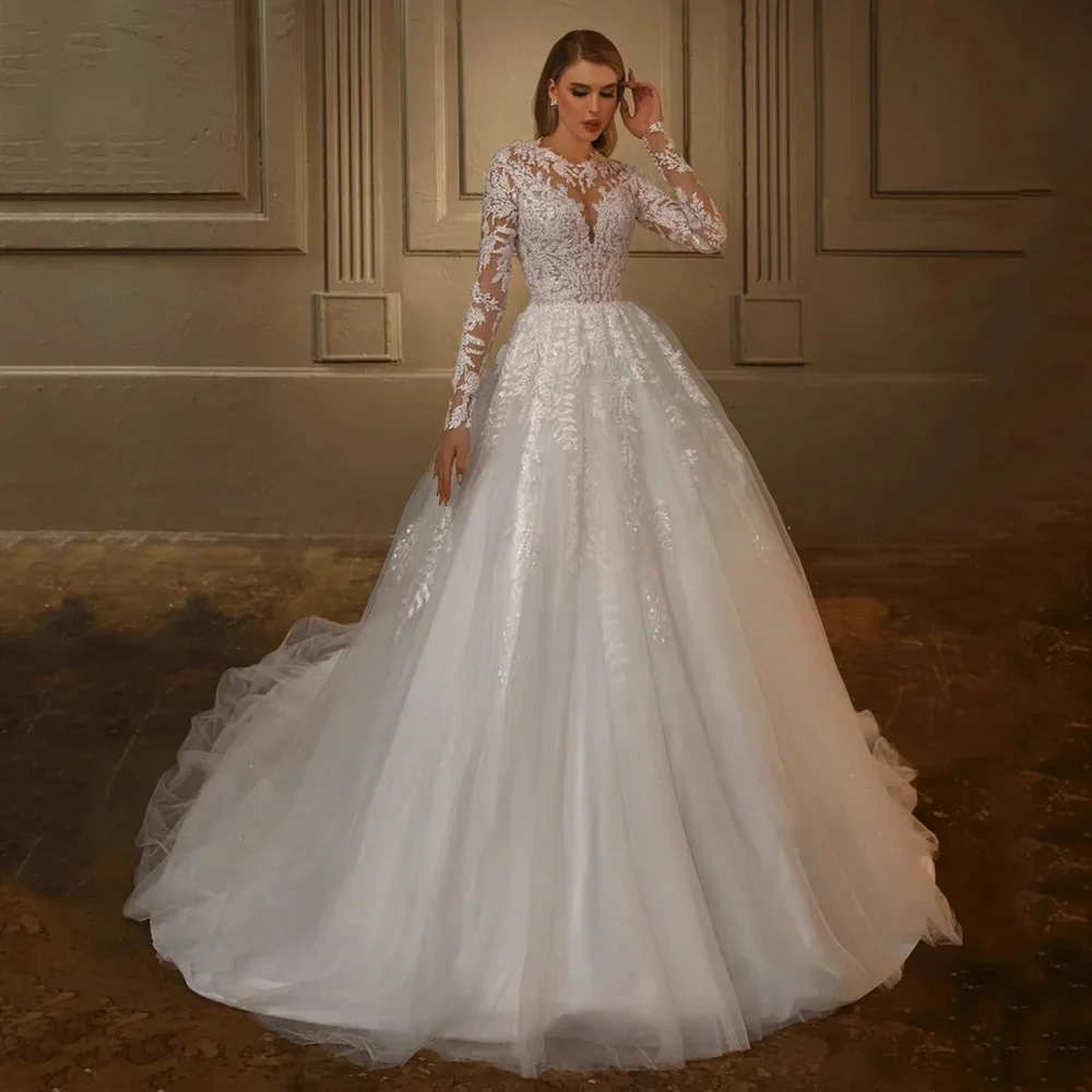 Flavinke Customized Exquisite Wedding Dresses Round Neck Full Sleeves Beading Lace Tulle A Line Woman Bridal Gown Robe De Mariag