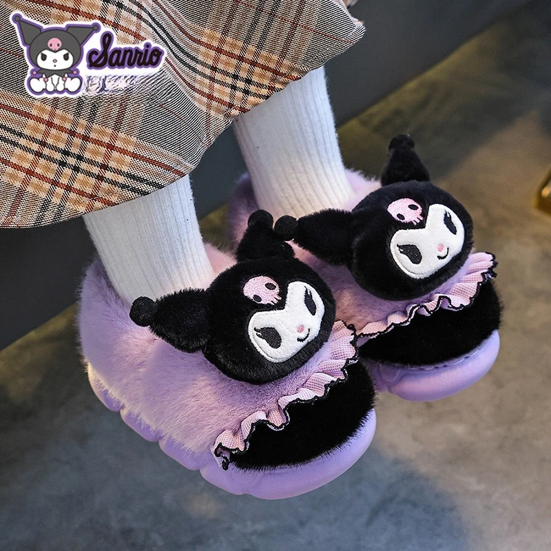 Sanliou Autumn and Winter Children's Cotton Slippers, Girls' Warm and Furry Parent-child Kuromi Bag Heel Cotton Shoes