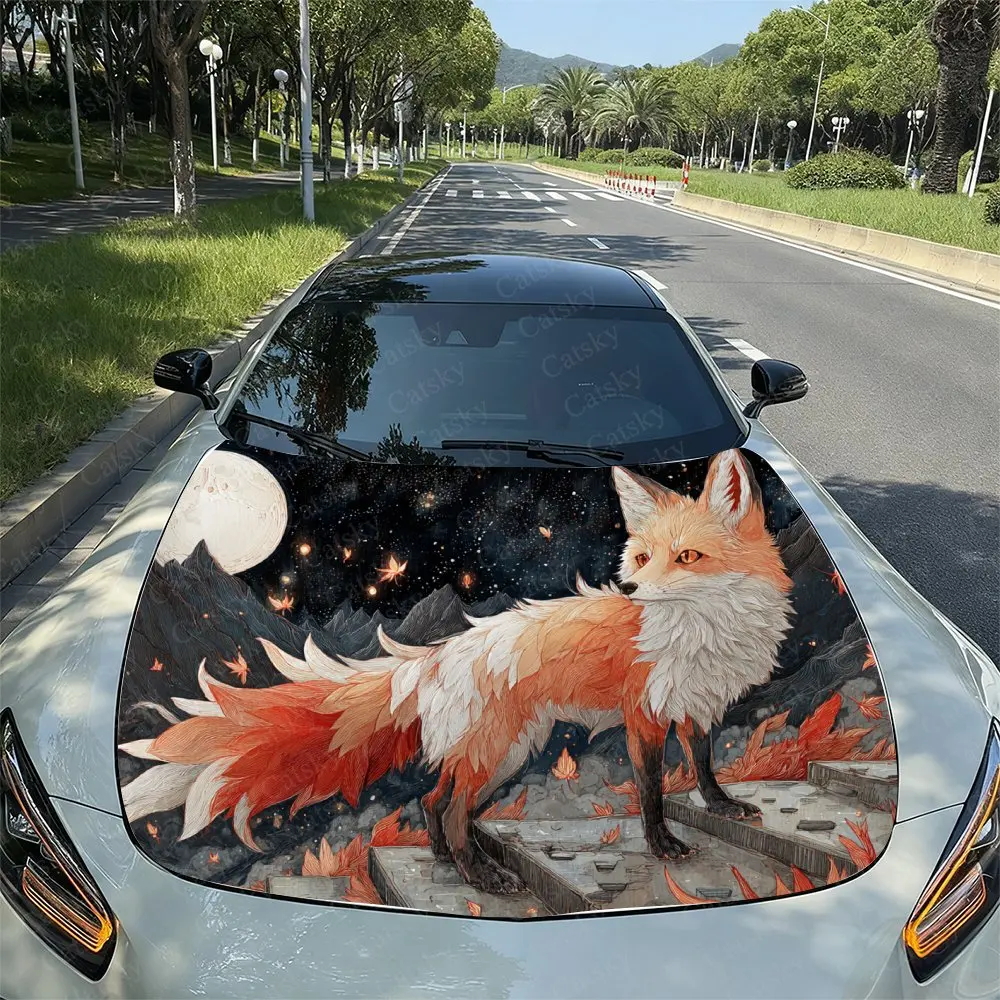 

Packaging For A Car Cover Red And White Fox Design Made From High-Quality Vinyl Decals