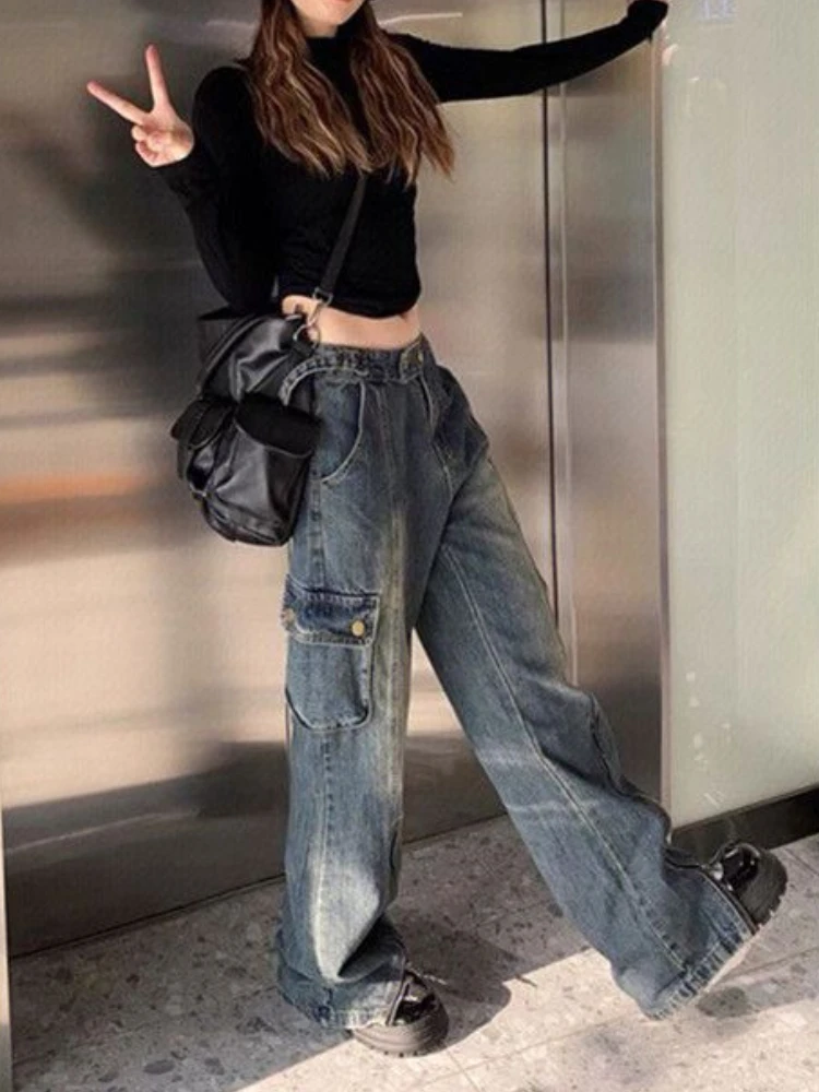 Calça jeans de perna larga larga larga larga de cintura alta feminina, moda punk, calça Y2K, calça grunge, calça com zíperes, Harajuku, primavera, 2023