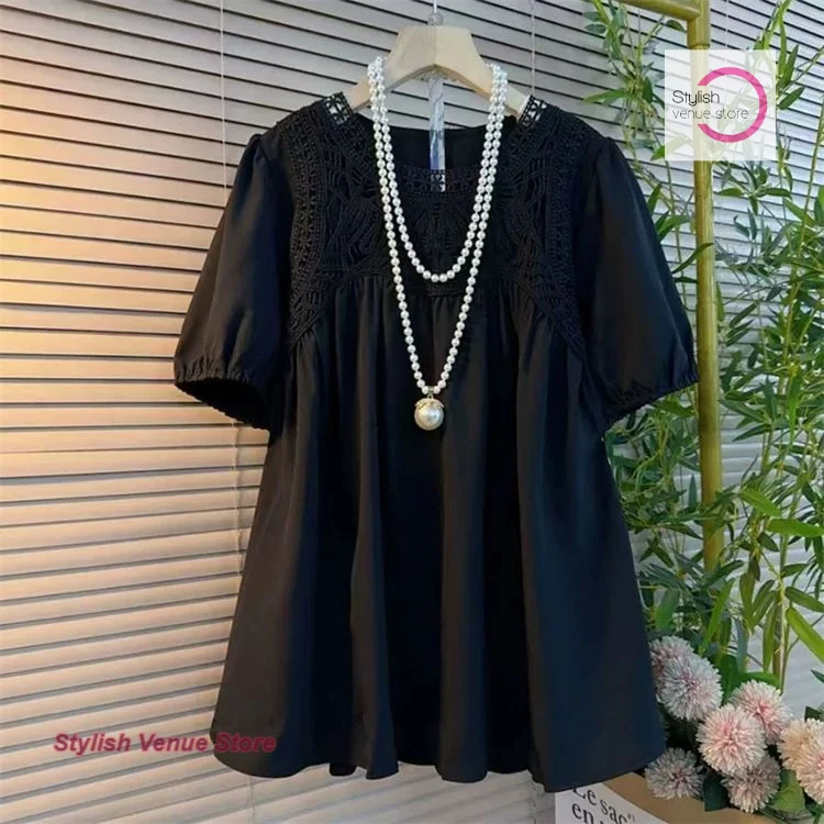Summer plus size temperament long loose slim stitching lace T shirt French fashion Joker casual round neck chiffon shirt.