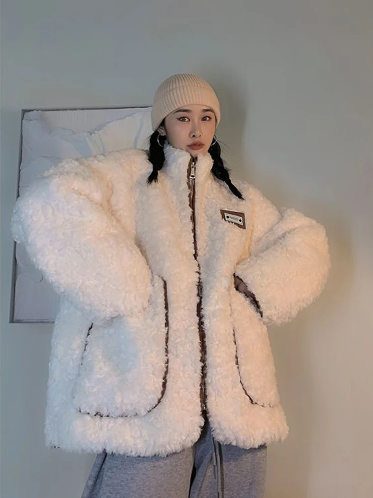 Women Faux Lamb Sweet Cute Coat Vintage Winter Loose Long Sleeve Kawaii Jacket Preppy Style Retro Female Pockets Letter Tops New