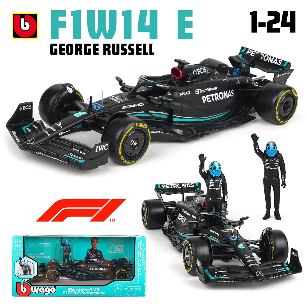 Bburago 1:24 2023 F1 Mercedes-AMG W14 + ชนะตุ๊กตา44 # HAMILTON 63 # Russell สีสูตรหนึ่งโลหะผสมโมเดลรถยนต์ของเล่นสุด