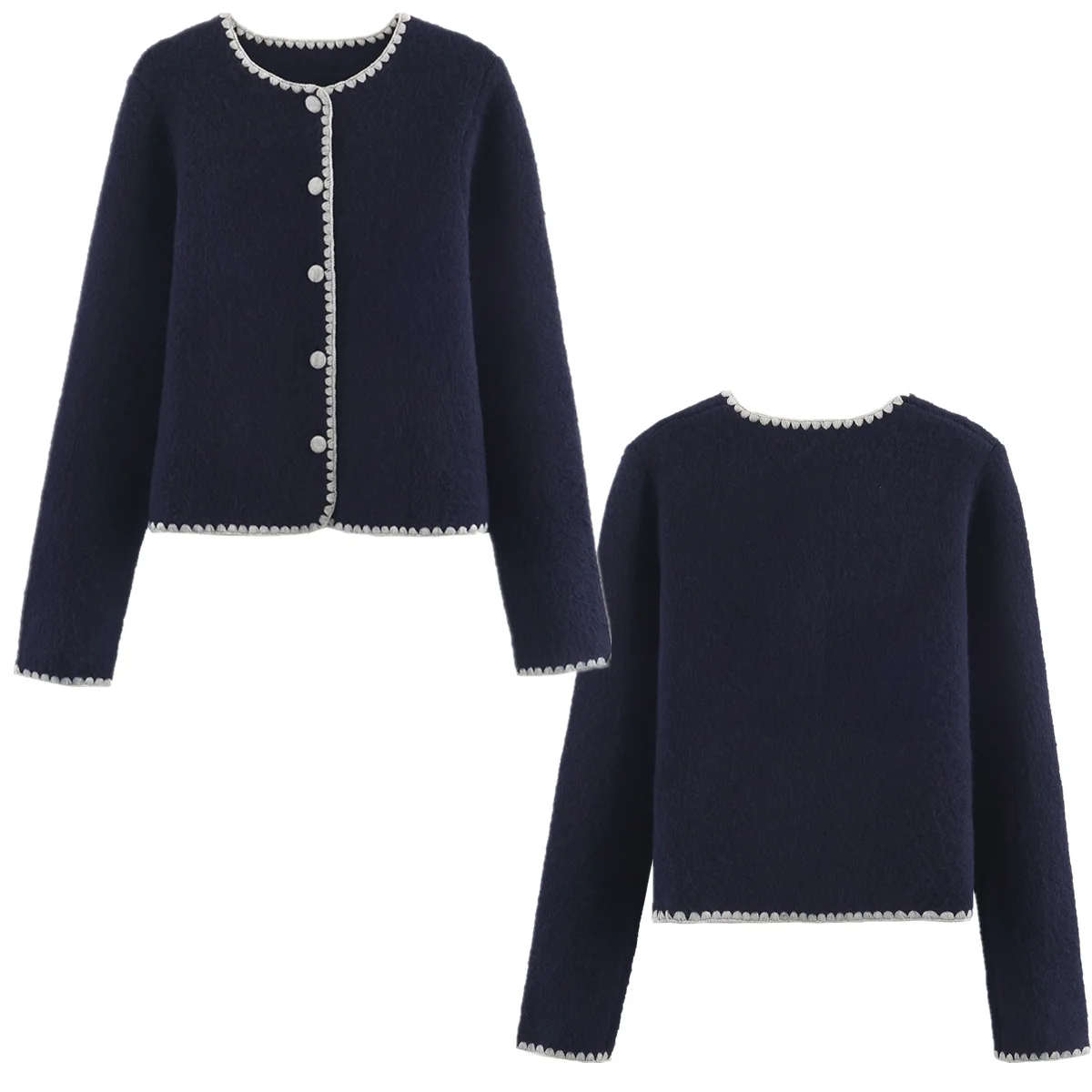 

Jenny&Dave Minimalist Navy Blue And White Lace Elegant Knitted Jacket Embroidered Women's Sweater Knitwear Woman Clothing Tops