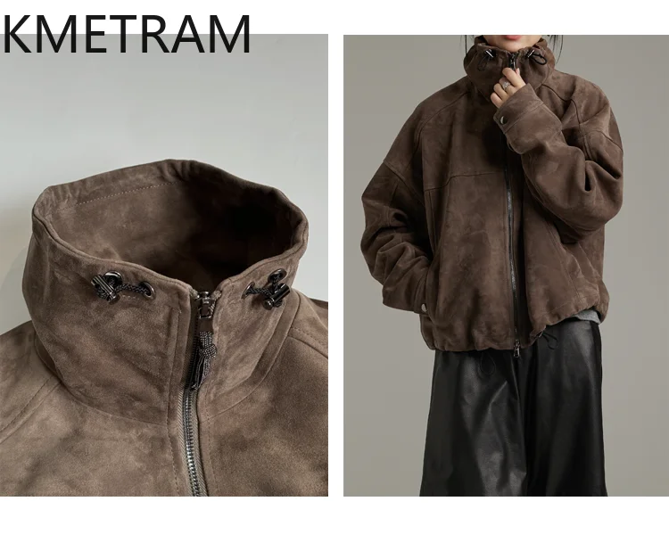 KMETRAM 100% Natural Sheepskin Reverse Suede Genuine Leather Jacket Old Money Aesthetic Short Women Clothing 2025 Autumn пальто