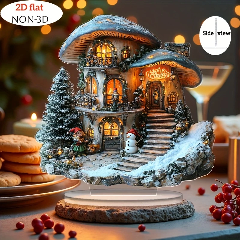 Decoraciones navideñas acrílicas bohemias 2D, casa de setas con muñeco de nieve y adornos de paisaje de mesa de cabaña de cuento de hadas enano