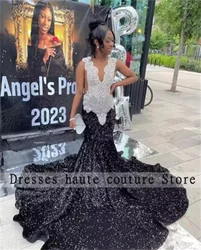 Sparkly Black Sequins Long Prom Dresses For Black Girl 2025 Mermaid Crystal Rhinestones Formal Party Evening Gown Customized