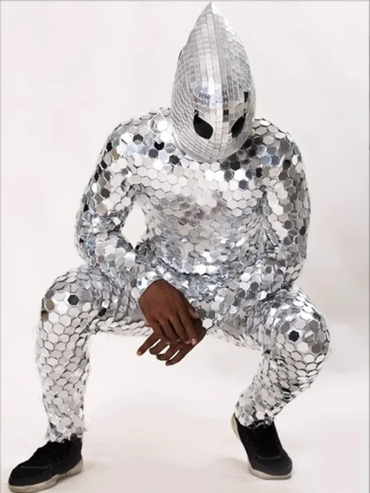Silver Mirror Man Costume Laser Dance Costumes Men Commercial Performance Nightclub Sequin Lens Jumpsuit Party Clothing Women