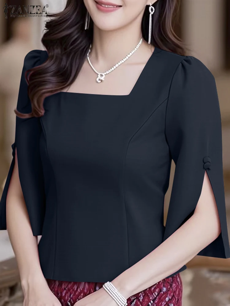 

ZANZEA Fashion Causal Blouses Solid Color Slit-Cuffs 3/4 Puff Sleeve Square Neck Tops Elegant Commute Office Women Blusas Mujer