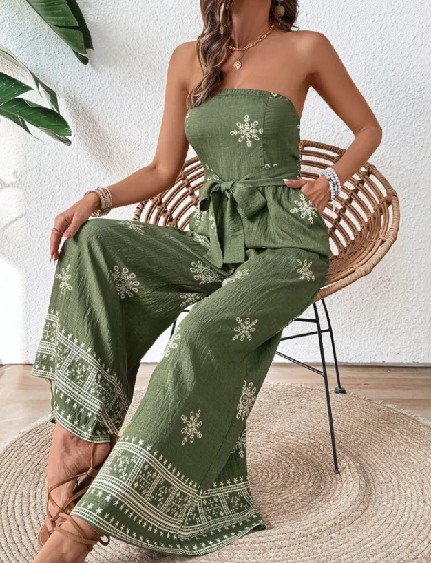 Casual Jumpsuit Women 2025 New Fashion Strapless vintage snowflake print wide leg jumpsuit Rompers Lace Up Casual Daily Jumpsuit - Image 4