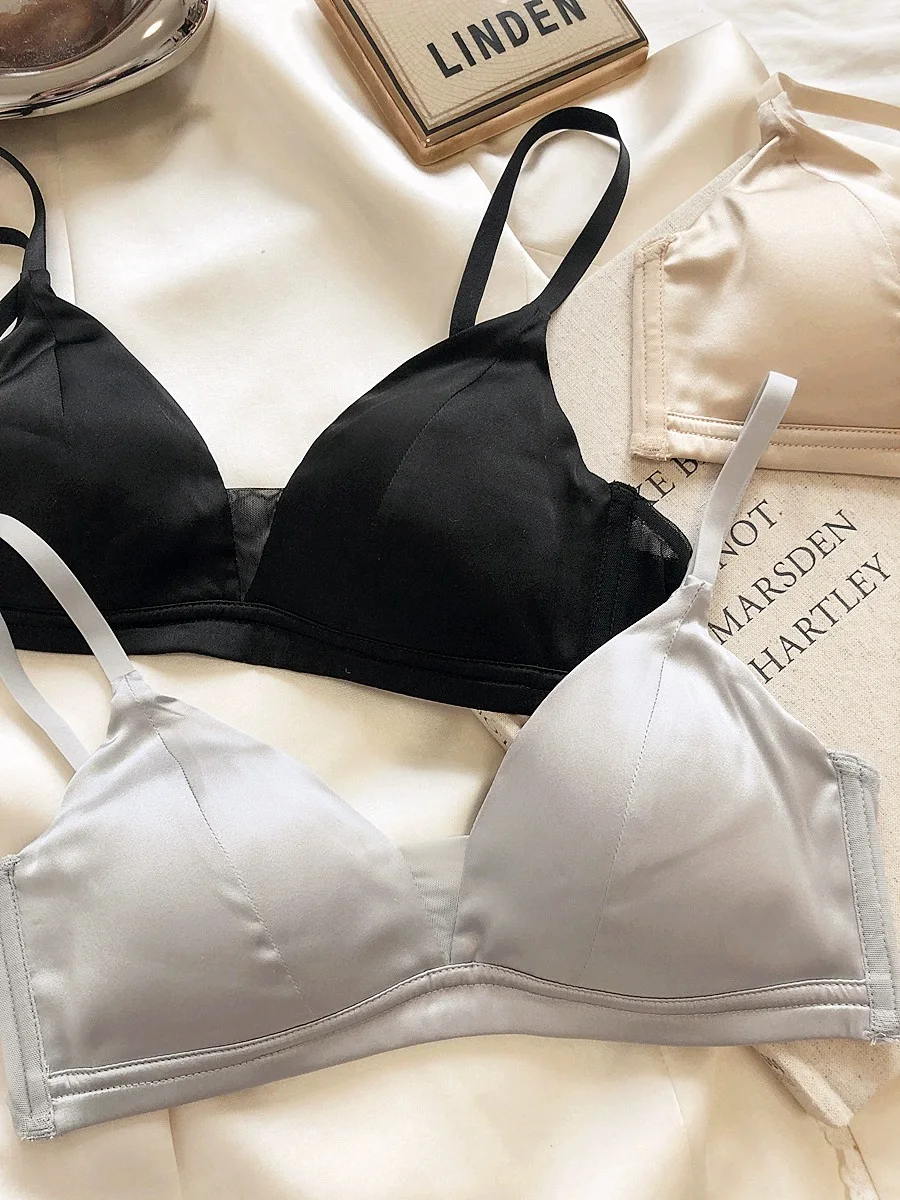 Simple mulberry silk bra without steel ring triangle cup thin bras large breathable comfortable satin underwear