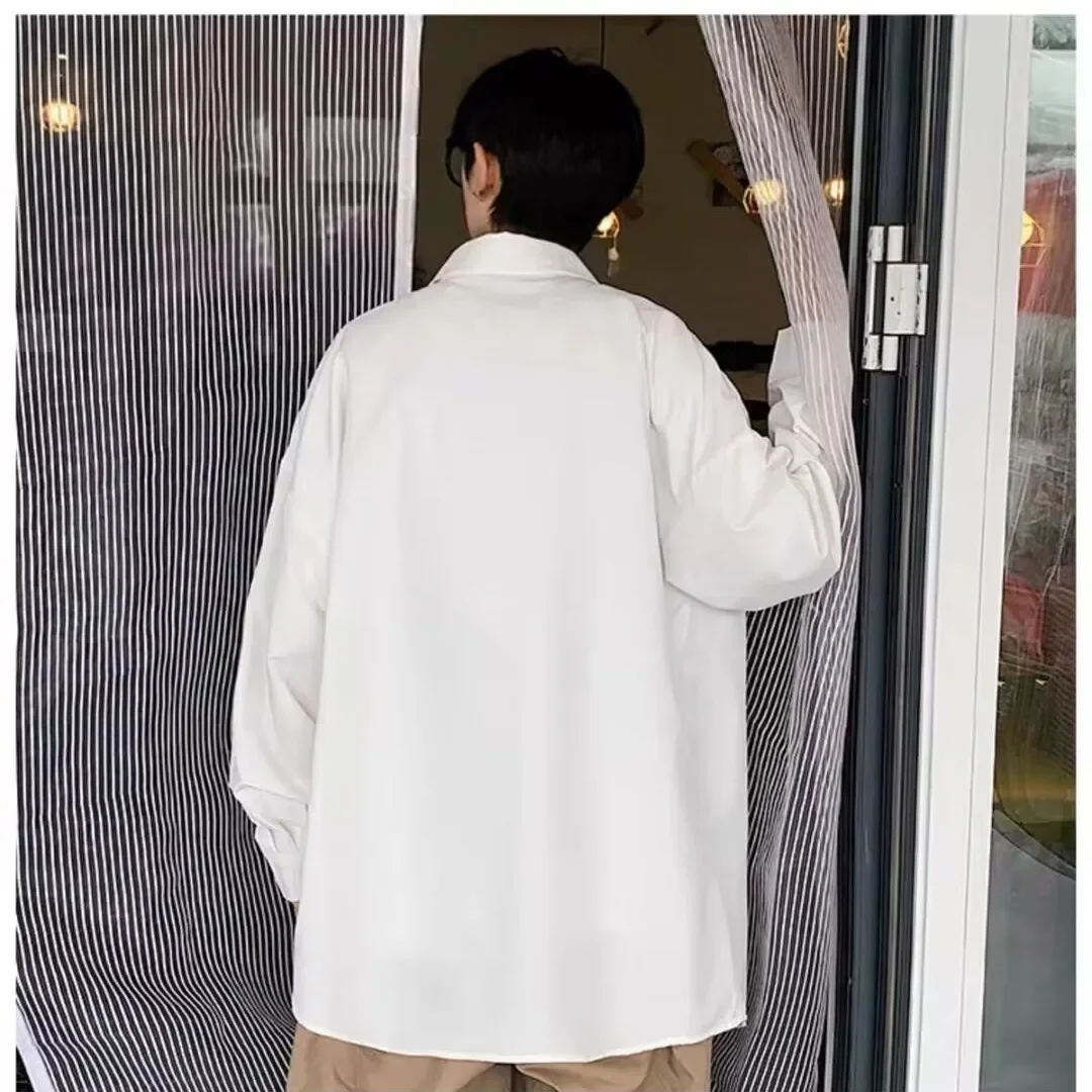 ربيع جديد الرجال الصلبة خمر القمصان الكورية نمط موضة Harajuku فضفاض المعتاد قميص الذكور عادية الشارع الشهير البلوزات