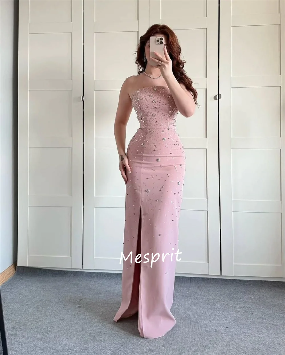 Customized High Quality Jersey Rhinestone Pleat Straight Strapless Long Dresses Bespoke Occasion Exquisite Intricate