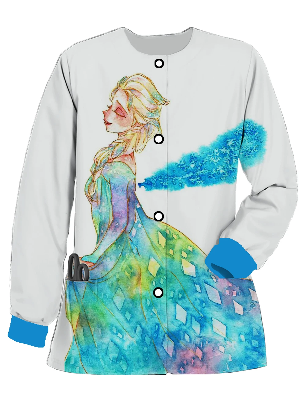 Moda feminina roupas disney princesa elsa impresso manga longa bolso cardigan feminino hospital roupas de trabalho roupas de enfermagem