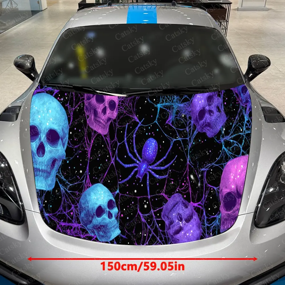 Starry Spider Skull Sci-Fi Dark PVC Car Hood Wraps, Self-Adhesive Waterproof Car Bonnet Decal Sticker, Car Decoration Protection