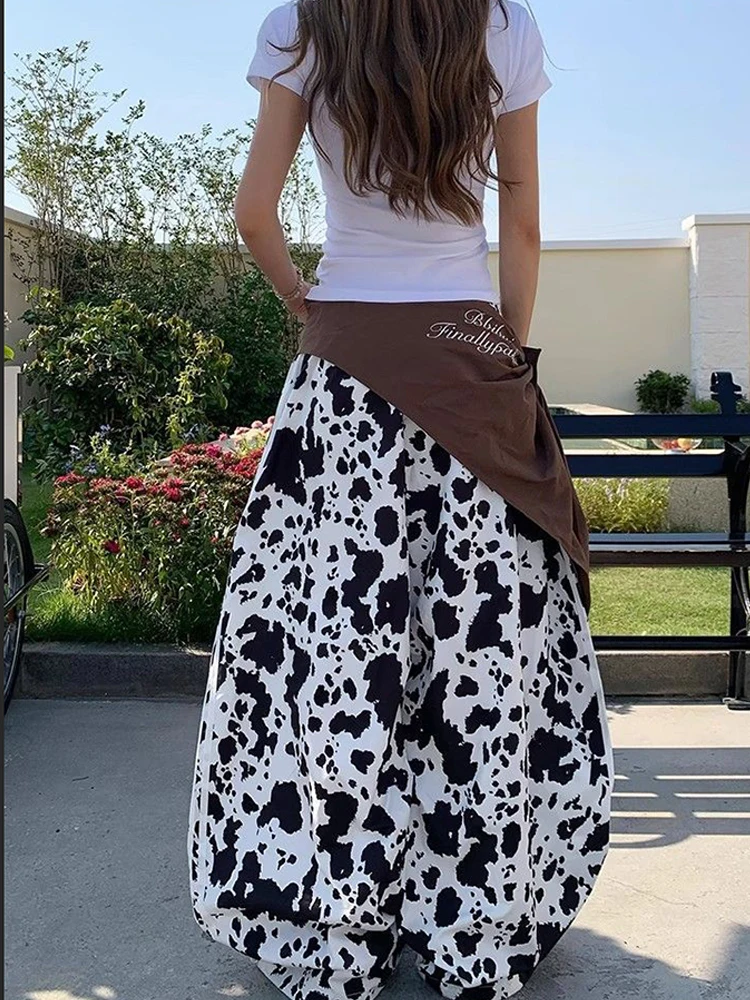 Design sense American style retro high street leopard print casual pants women's new loose curved knife wide leg pants