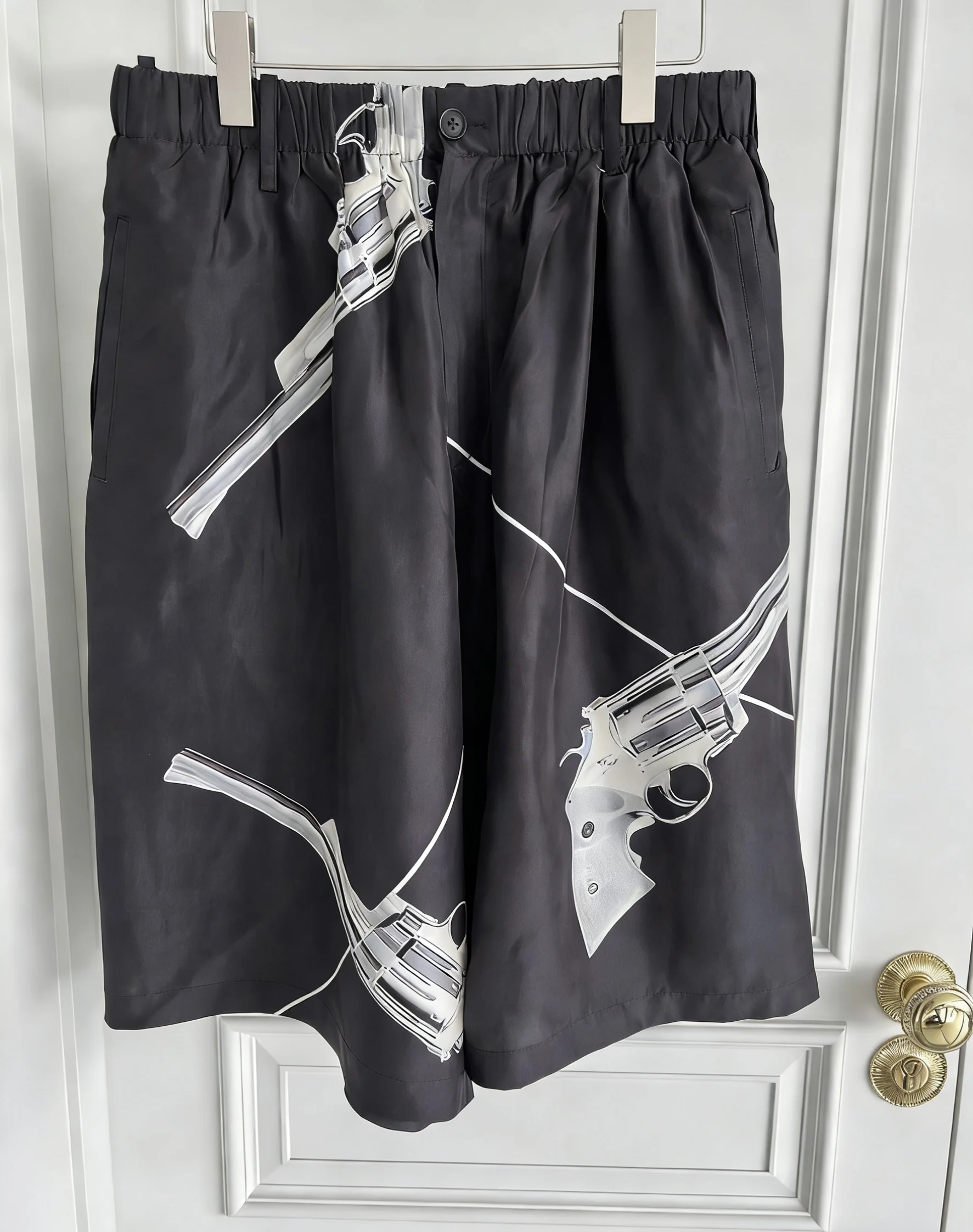 TOP-YAMAMOTO original design pistol printed capri pants, silk shorts, men's large pants with thin slits