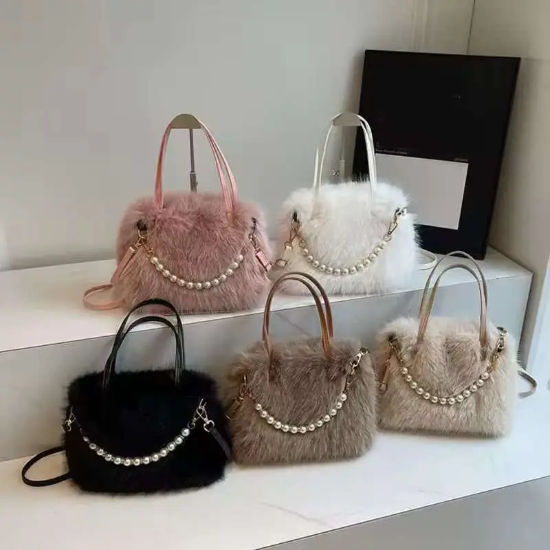 Candy Color Pearl Handle Women's Plush Crossbody Bag Portable Female Furry Handbags Winter Fashion Casual Shoulder Bags