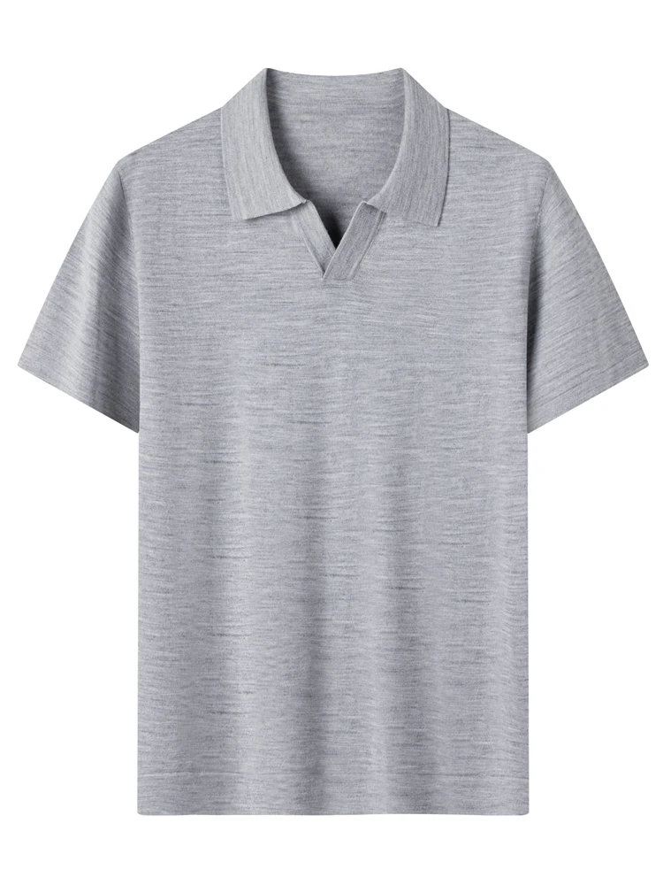 Spring Summer Autumn Men Turn down Collar Wool Sweater Short Sleeve Pullover 100% Fine Wool Knitwear Soft Smart Casual Tops