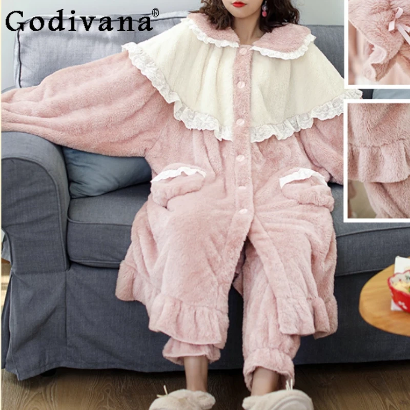 

Women Autumn Winter Coral Fleece Thickened Sweet Lolita Nightgown Versatile Age Reduction Comfortable Trousers Loungewear Set
