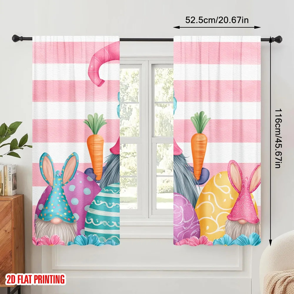 2 Stück 2D-Flachdruck-Szenenvorhang, Osterzwerg, Haseneier, Frühling, Polyester, ohne Strom, 0, perfekt für den Innenbereich