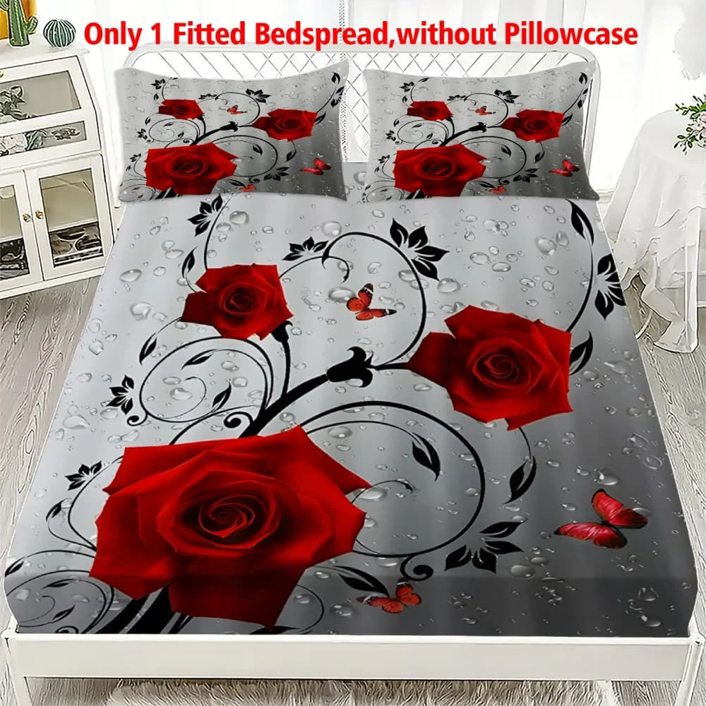 1pc Red Rose & Water Drop Butterfly Print Fitted Sheet Deep Pocket Elastic Mattress Cover Single Double Queen King Bedroom Decor