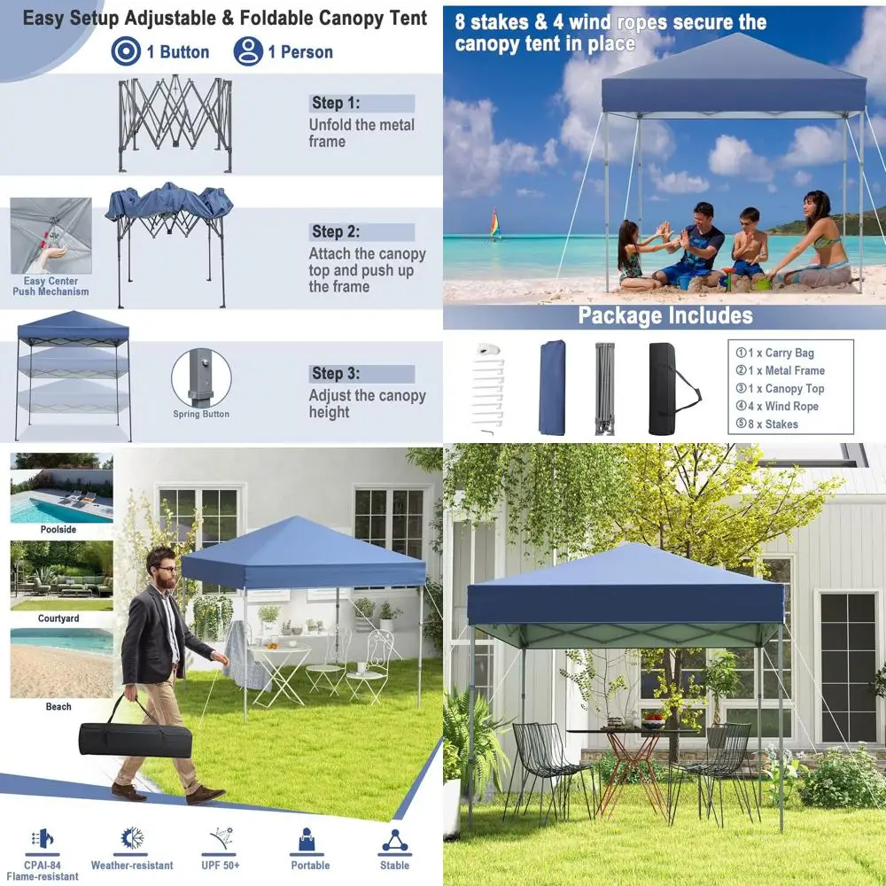 

Portable 1-Person Instant Pop-Up Canopy Tent, 6.6x6.6 Ft, UPF 50+, 8 Stakes, 4 Ropes, Carry Bag Included
