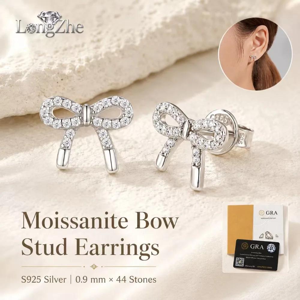 

Bowknot Design 44 Stones Moissanite Stud Earrings 925 Sterling Silver GRA Certified Sparkling Fine Jewelry for Women
