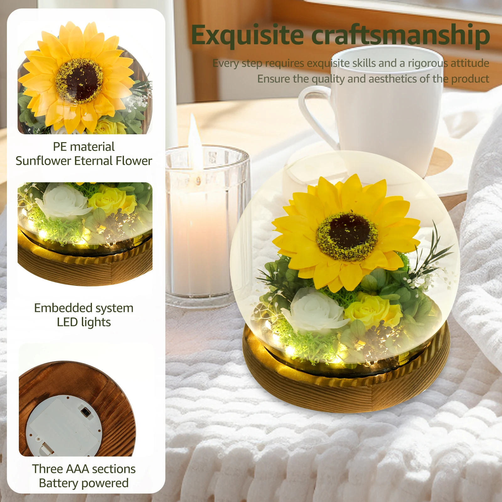 Preserved Flowers Gift with LED Light Beautiful Preserved Sunflowers in Glass Fancy Light Up Sunflower Decorative Sunflower in