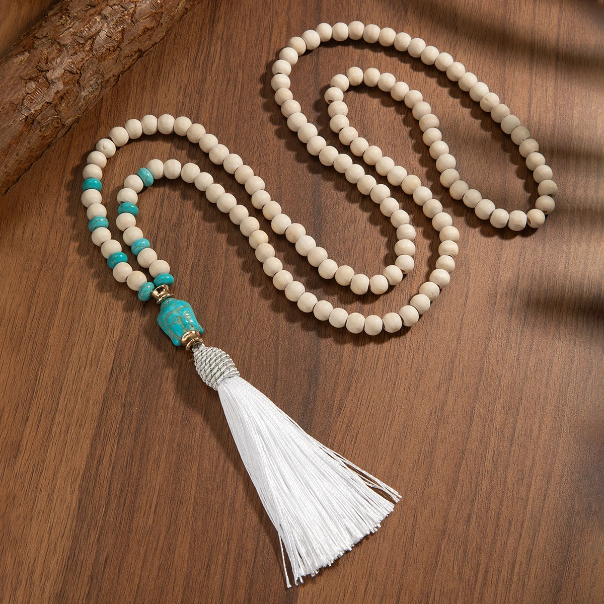 Bohemian style wooden bead bead necklace, retro turquoise Buddha tassel pendant, long Y-shaped women\'s necklace