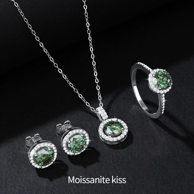 Brazilian1ct s925 Sterling silver round four-prong permanent color green moissanite stud earrings necklace and ring set