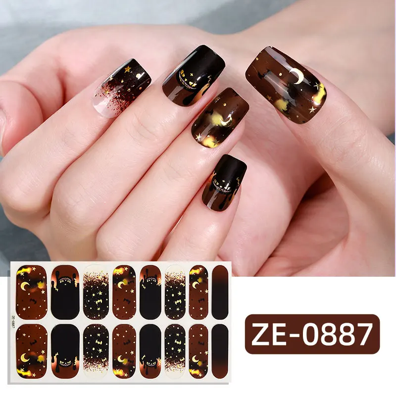 16 punte Halloween copertura completa strisce di smalto per unghie fantasma ragno zucca gatto nero adesivo per unghie avvolge manicure decorazione adesivo per unghie
