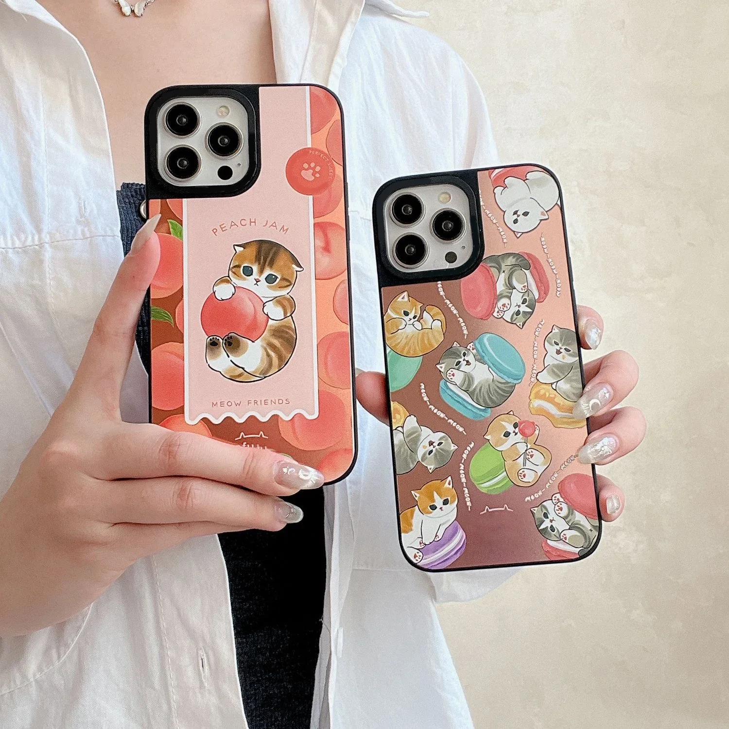 Cute Dessert Cat Mirror Black Border Magnetic Phone Case Cover for IPhone 11 12 13 14 15 Pro Max Case