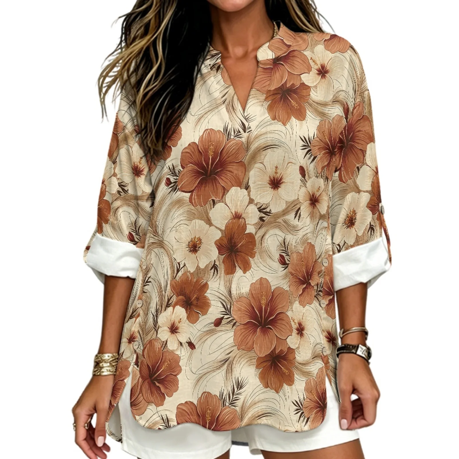 PENSTROLL Brown Hibiscus Print Side Slit Hem Design Casual Blouses for Travel Linen Style Long Sleeve Blouse Sizes S-5XL