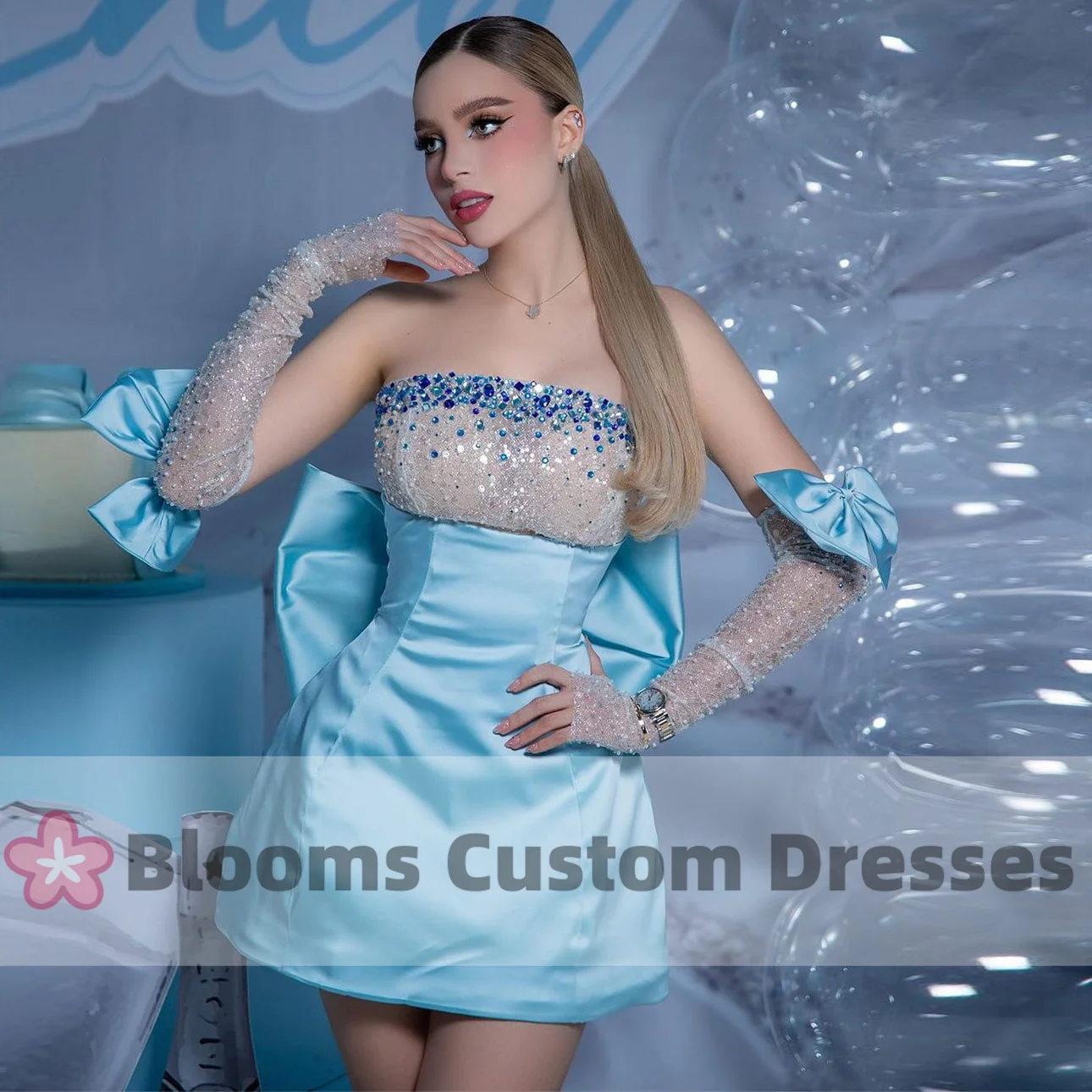 Blooms Glitter Beads Strapless Mini Evening Dresses Satin Custom Prom Dress Bow Above Knee With Gloves Cocktail Party Gown