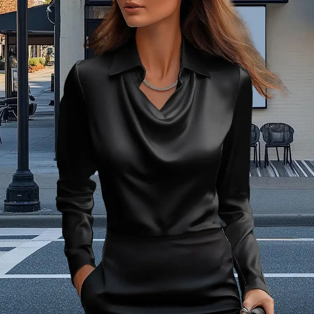

Women Shirt Lapel Swing Collar Long Sleeve Shirt Solid Color Smooth Satin Loose Fit Shirt Tops Soft Fabric Blouse Daily Wear