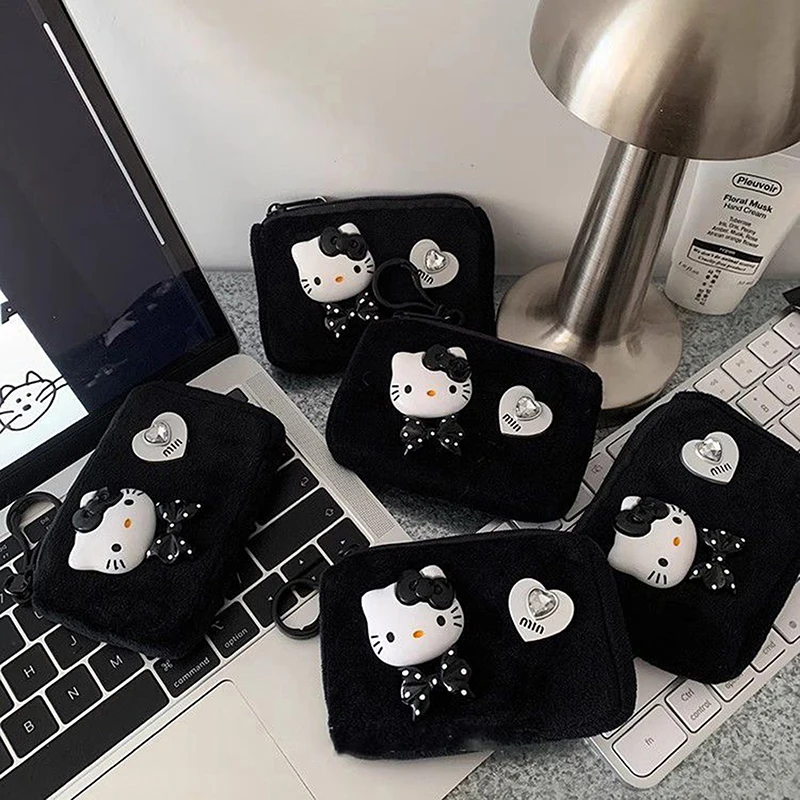 Sanrio Hello Kitty Cute Black Card Bag Plush Coin Purse Cartoon Kawaii Girl Gift Anime Accessories Toys