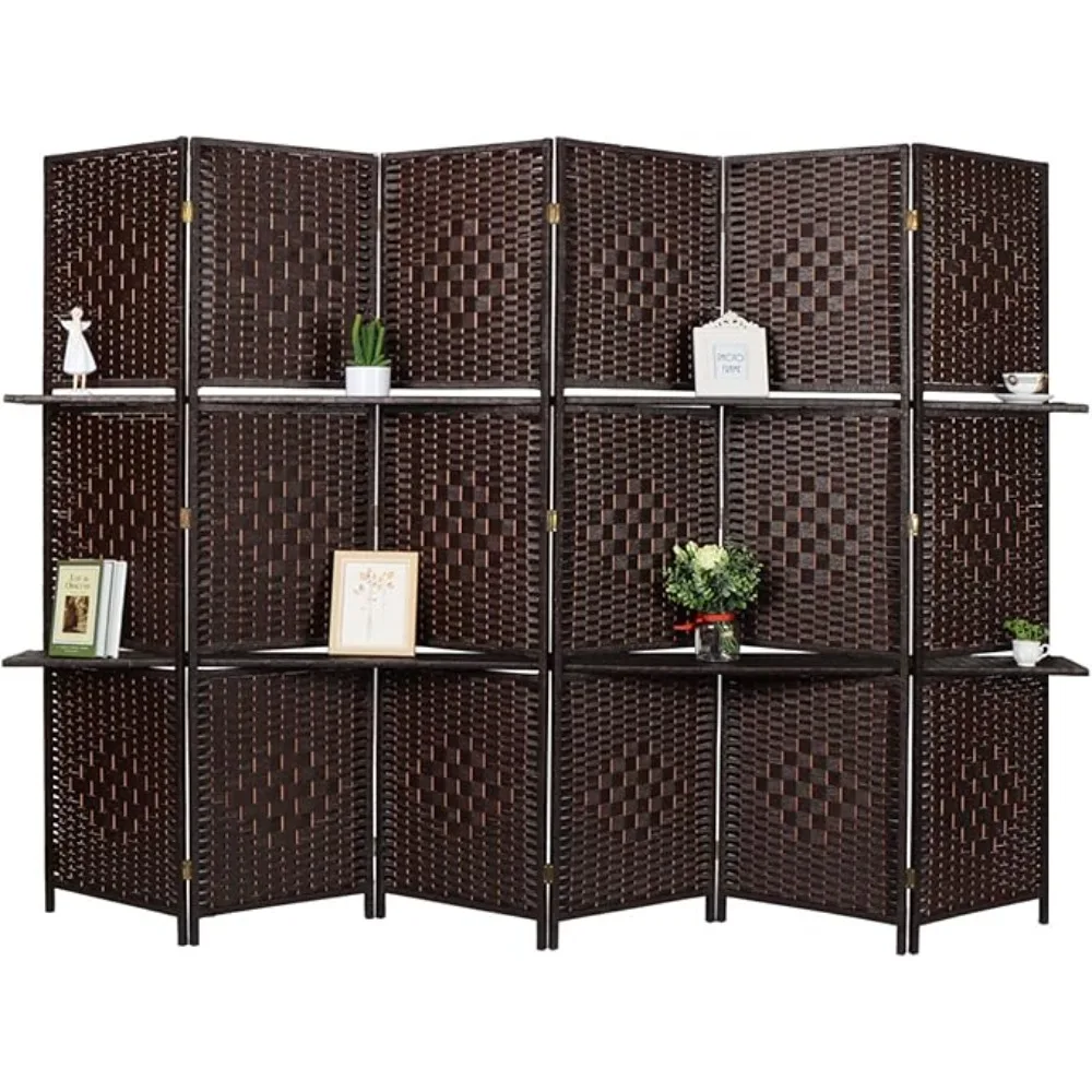 

6 Panels Room Divider, 6 FT Tall&Extra Wide Weave Fiber Room Divider with 2 Shelved, Double Hinged,Folding Privacy Screens, Free