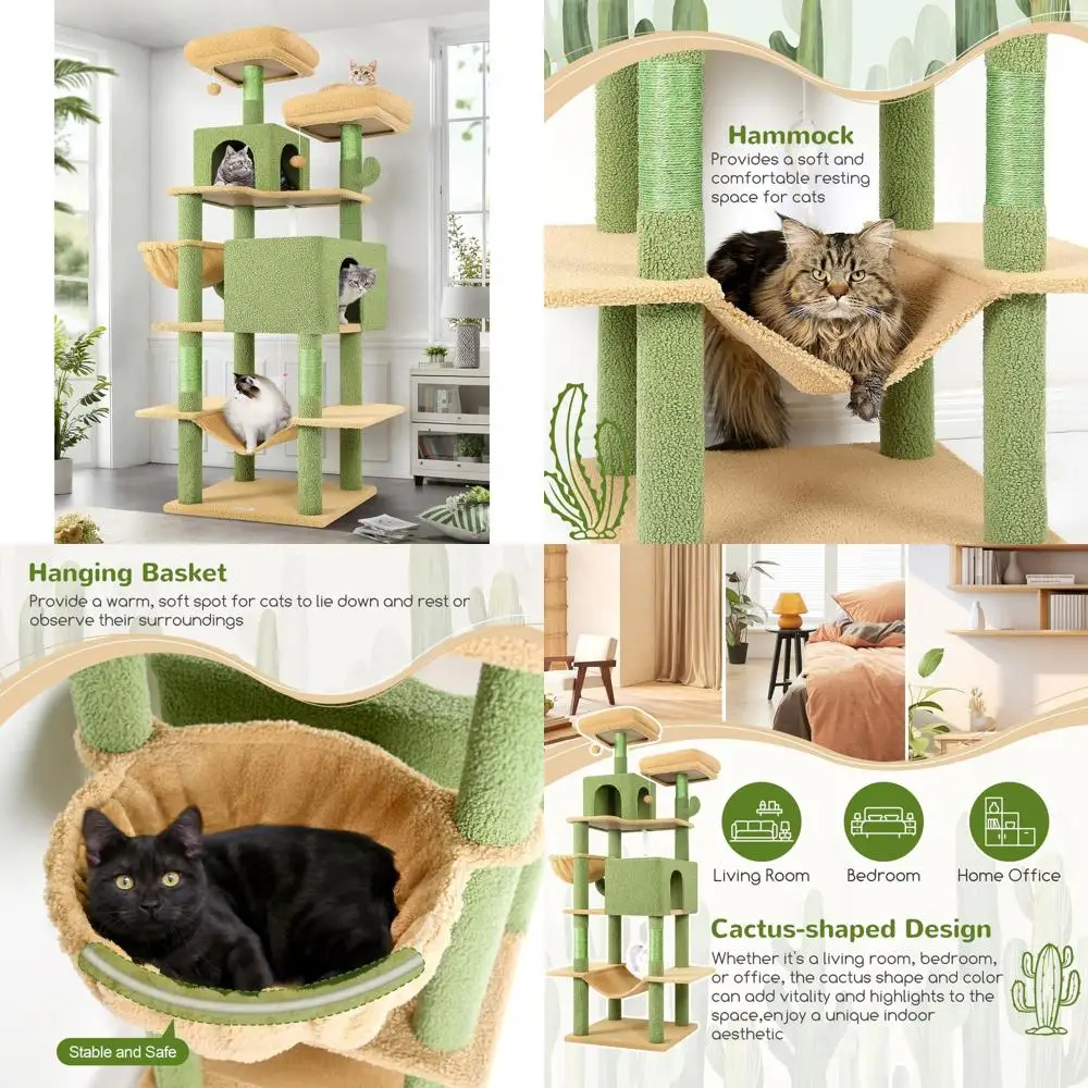 

76, высокое кошачье дерево в стиле кактуса, несколько уровней, зоны для игр и когтеточки для больших кошек