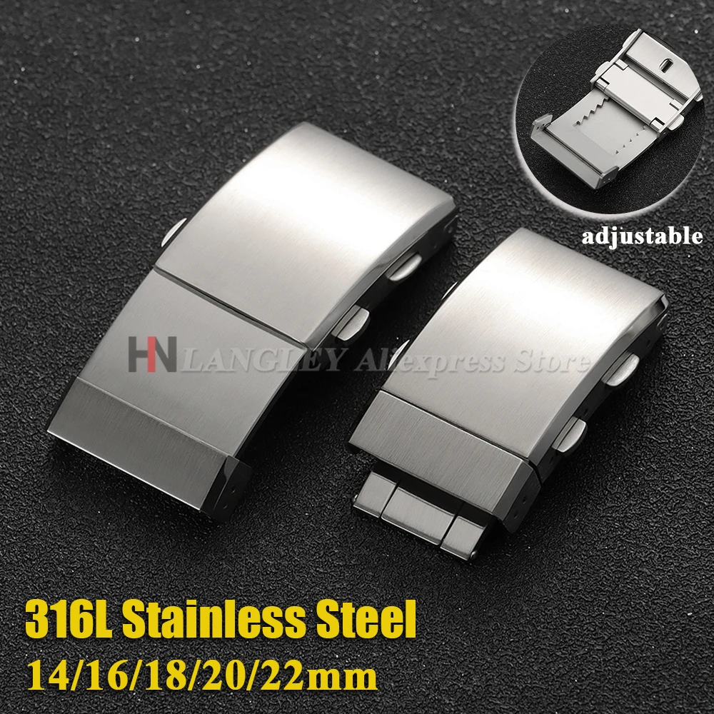 14mm 16mm 18mm 20mm 22mm Watch Clasp Folding Buckle 316L Solid Stainless Steel Men Women Extendable Adjustable Watch Accessories